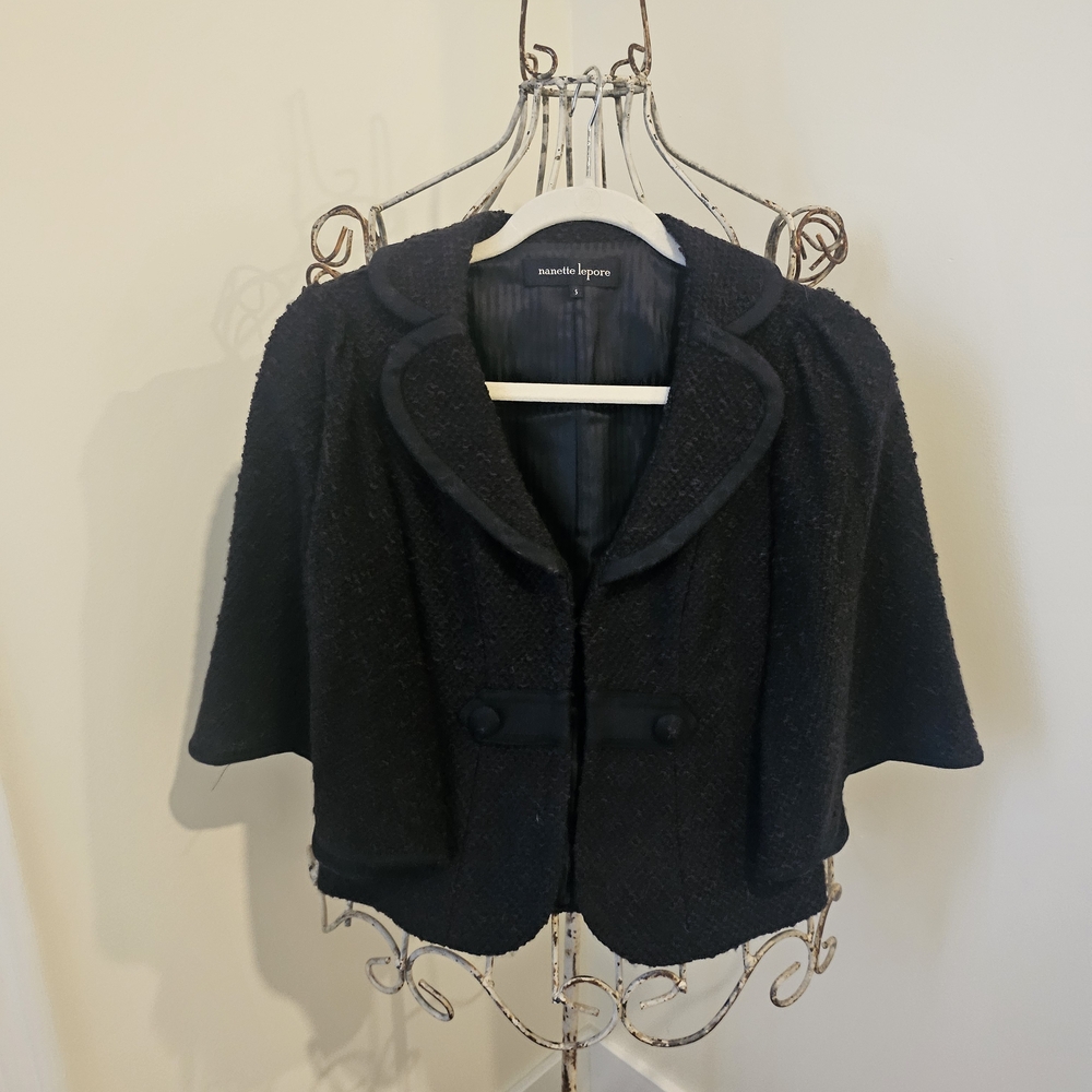 Nanette Lepore Black Tweed Cropped Cape Blazer
